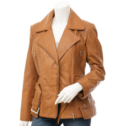 WOMEN'S TAN LEATHER BIKER JACKET: COCOA