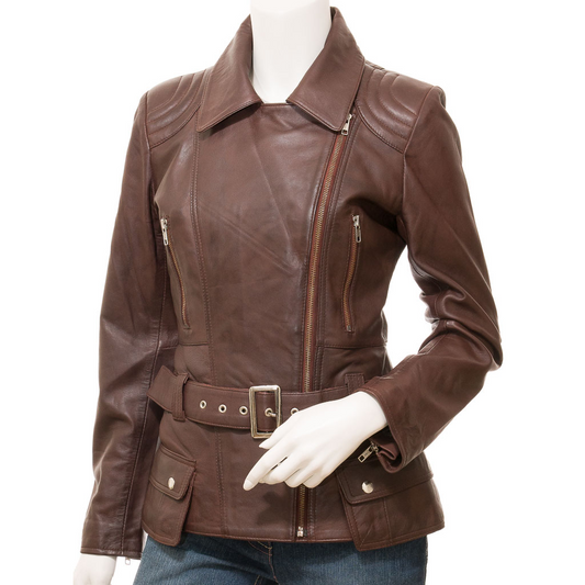 WOMEN'S BROWN LEATHER BIKER JACKET: COCOA