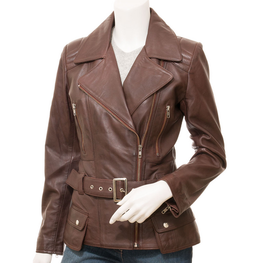 WOMEN'S BROWN LEATHER BIKER JACKET: COCOA