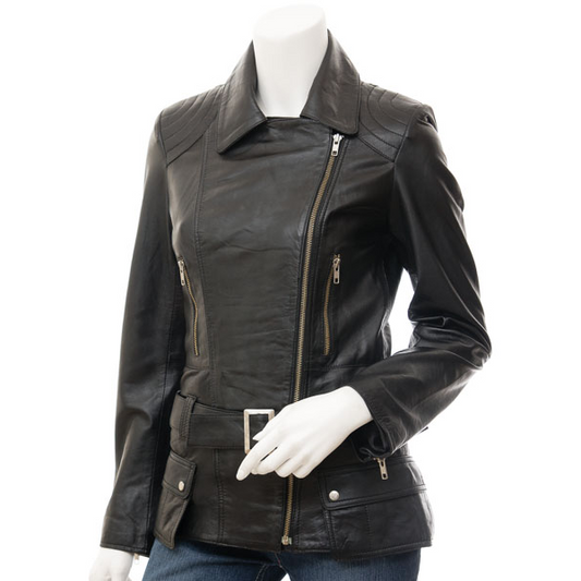 WOMEN'S BLACK LEATHER BIKER JACKET: COCOA