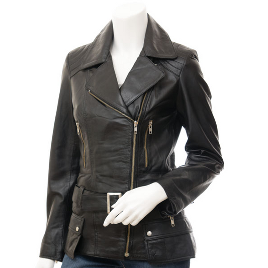 WOMEN'S BLACK LEATHER BIKER JACKET: COCOA