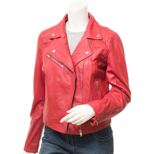 WOMEN'S RED LEATHER BIKER JACKET: DAVIE