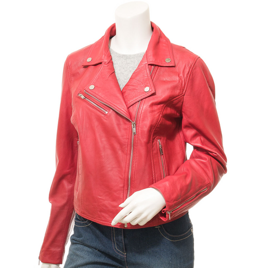 WOMEN'S RED LEATHER BIKER JACKET: DAVIE