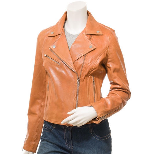 WOMEN'S TAN LEATHER BIKER JACKET: DAVIE