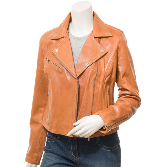 WOMEN'S TAN LEATHER BIKER JACKET: DAVIE