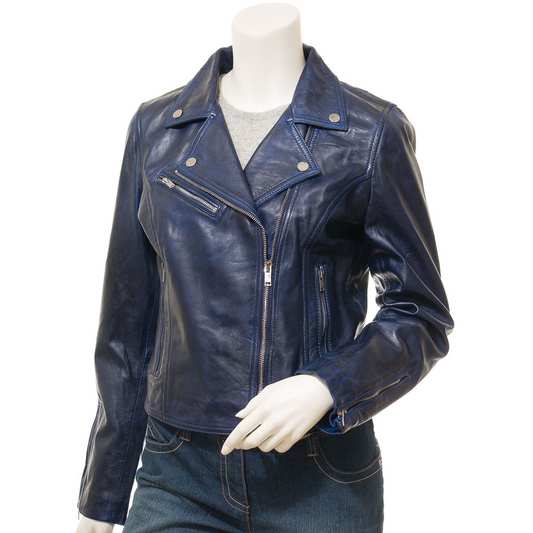 WOMEN'S BLUE LEATHER BIKER JACKET: DAVIE