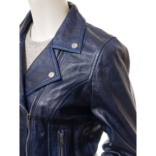 WOMEN'S BLUE LEATHER BIKER JACKET: DAVIE