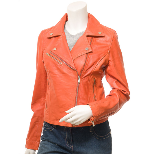 WOMEN'S ORANGE LEATHER BIKER JACKET: DAVIE