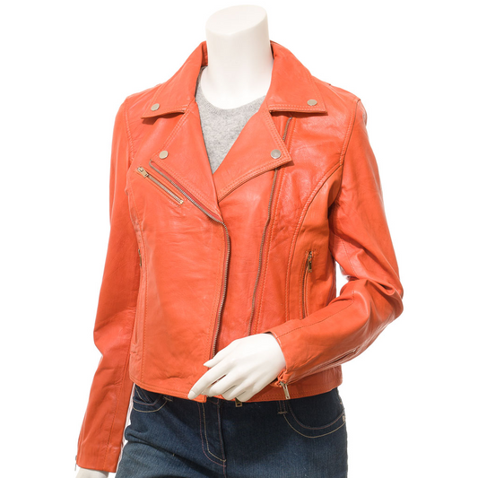 WOMEN'S ORANGE LEATHER BIKER JACKET: DAVIE