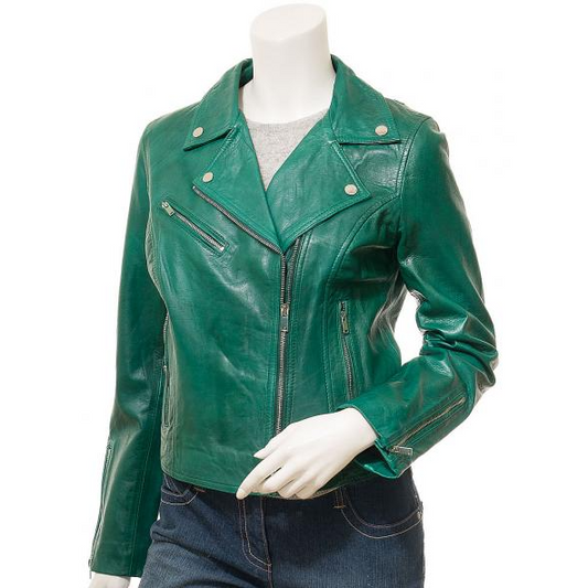 WOMEN'S GREEN LEATHER BIKER JACKET: DAVIE