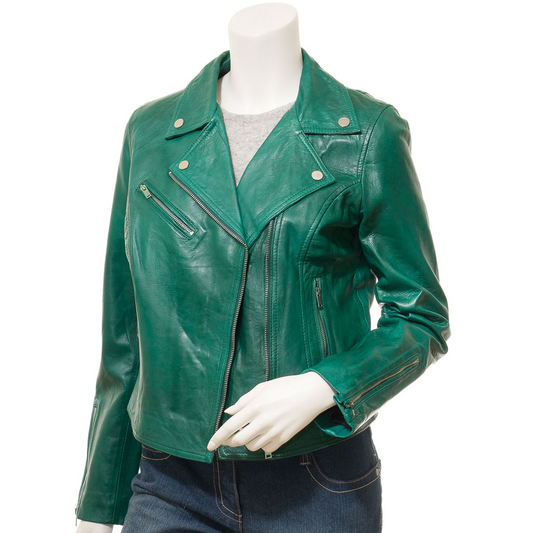 WOMEN'S GREEN LEATHER BIKER JACKET: DAVIE