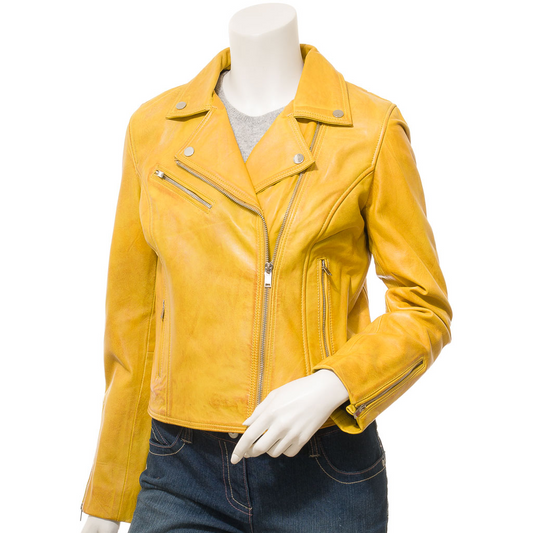 WOMEN'S YELLOW LEATHER BIKER JACKET: DAVIE