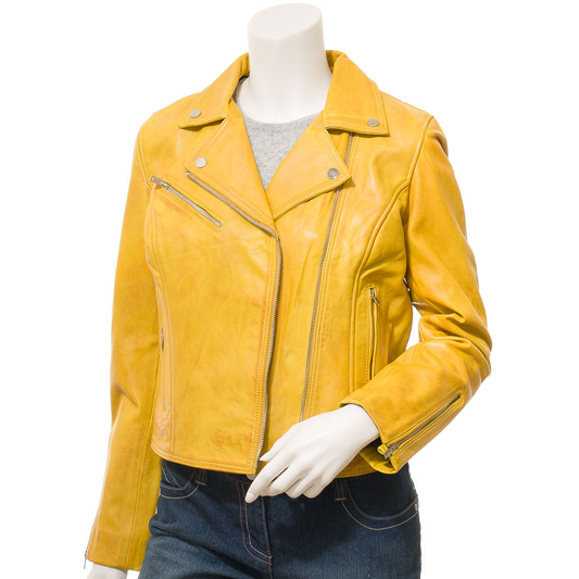 WOMEN'S YELLOW LEATHER BIKER JACKET: DAVIE