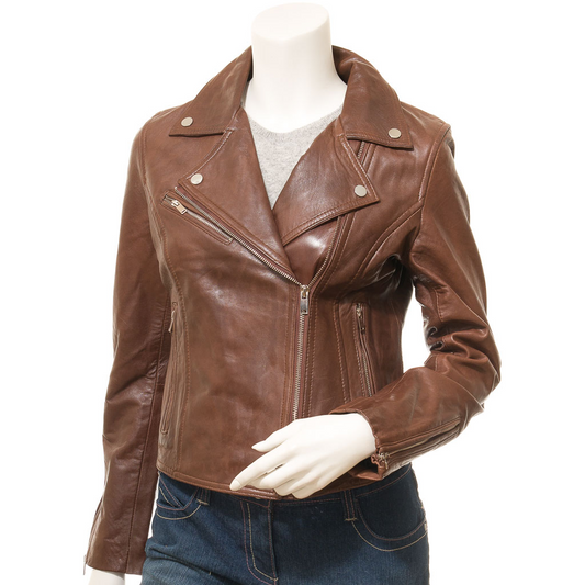 WOMEN'S BROWN LEATHER BIKER JACKET: DAVIE