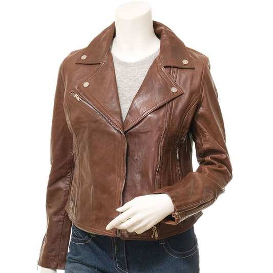 WOMEN'S BROWN LEATHER BIKER JACKET: DAVIE