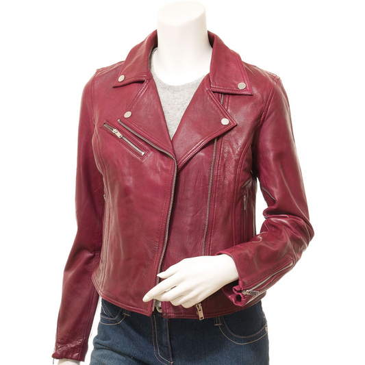 WOMEN'S BURGUNDY LEATHER BIKER JACKET: DAVIE