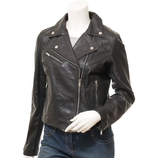 WOMEN'S BLACK LEATHER BIKER JACKET: DAVIE