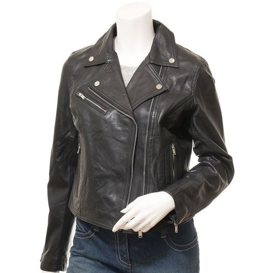 WOMEN'S BLACK LEATHER BIKER JACKET: DAVIE