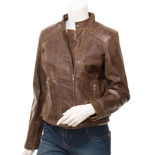 WOMEN'S BROWN LEATHER BIKER JACKET: DELTONA