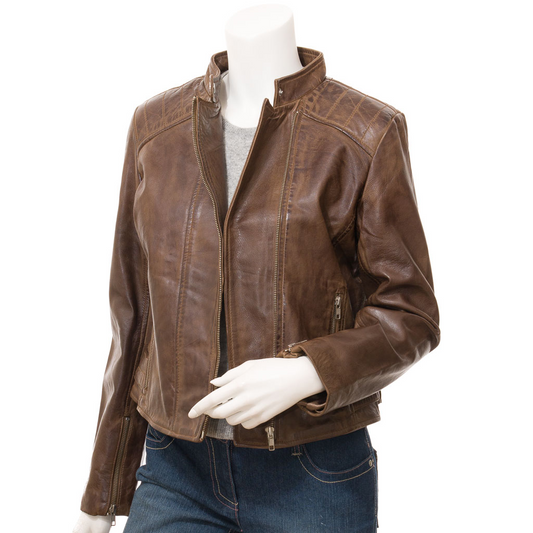 WOMEN'S BROWN LEATHER BIKER JACKET: DELTONA