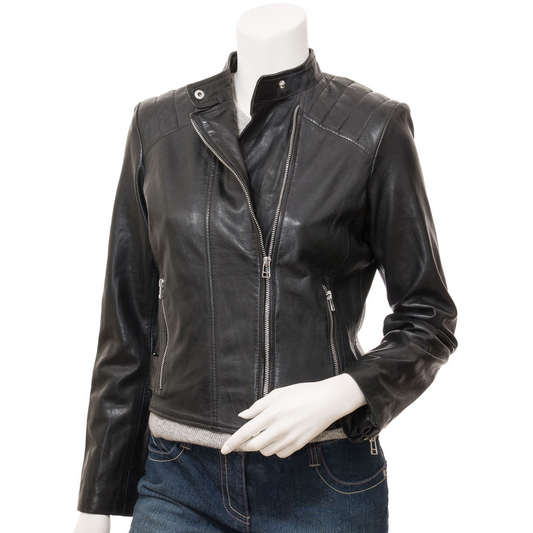 WOMEN'S BLACK LEATHER BIKER JACKET: DELTONA