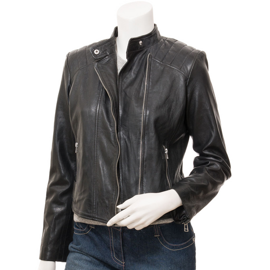 WOMEN'S BLACK LEATHER BIKER JACKET: DELTONA