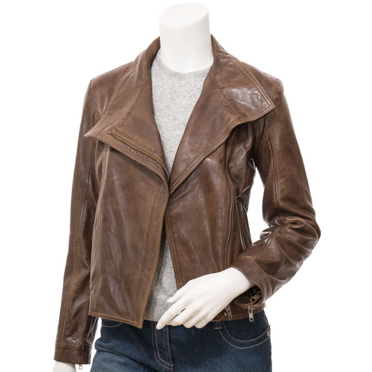 WOMEN'S BROWN LEATHER BIKER JACKET: ESTERO