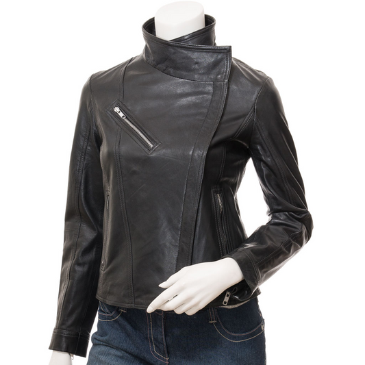 WOMEN'S BLACK LEATHER BIKER JACKET: ESTERO