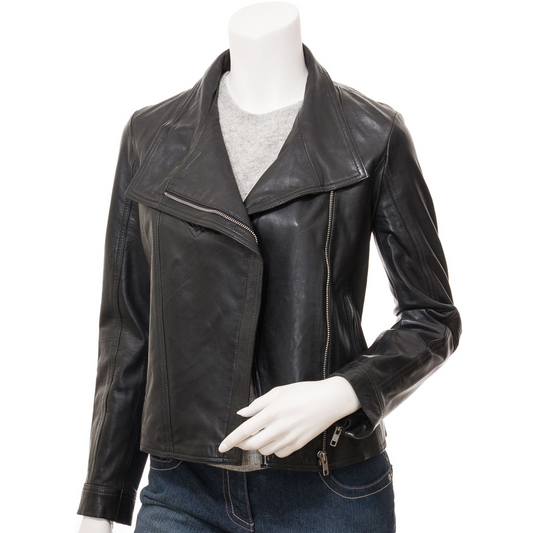 WOMEN'S BLACK LEATHER BIKER JACKET: ESTERO