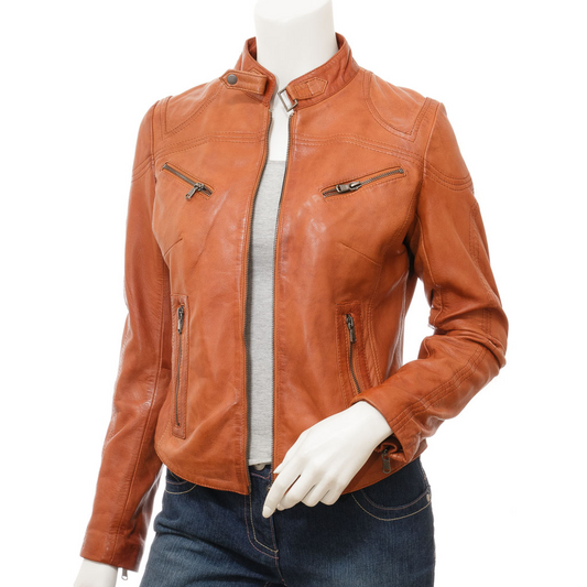 WOMEN'S TAN LEATHER BIKER JACKET: EBRO