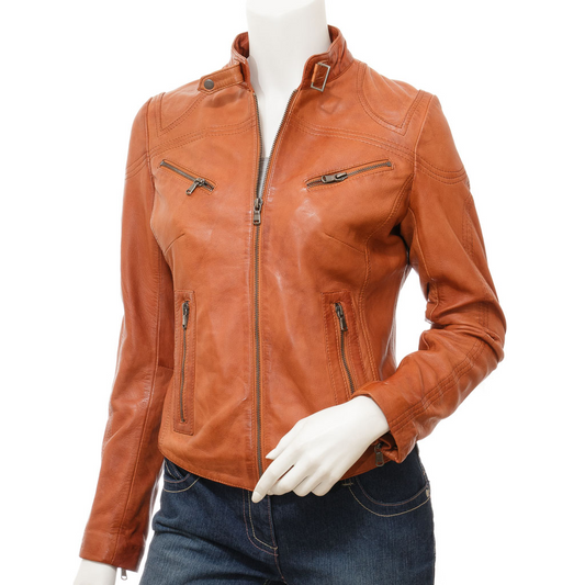 WOMEN'S TAN LEATHER BIKER JACKET: EBRO