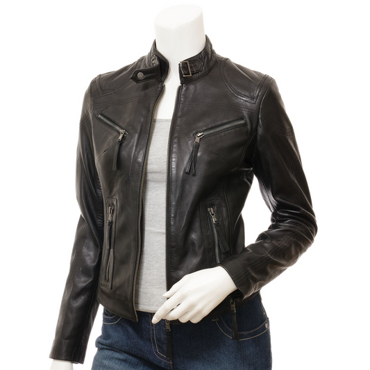 WOMEN'S BLACK LEATHER BIKER JACKET: EBRO