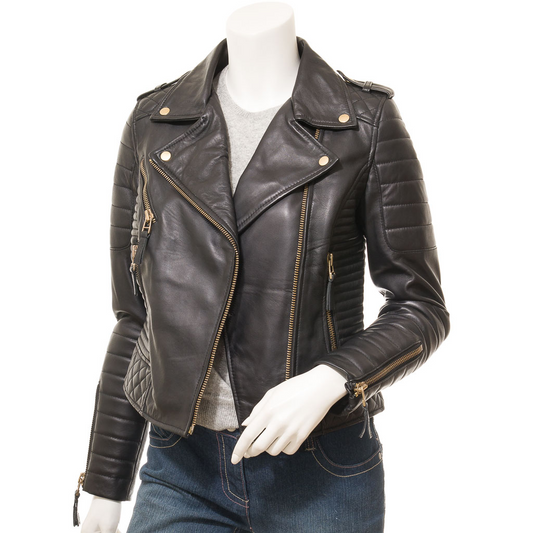 WOMEN'S BLACK LEATHER BIKER JACKET: GRETNA