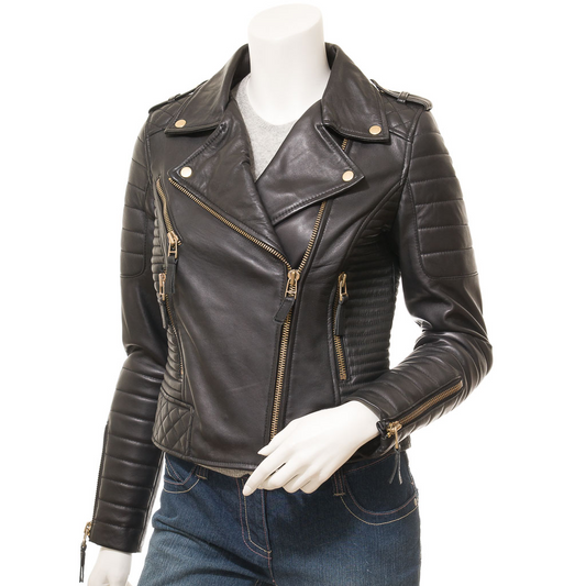 WOMEN'S BLACK LEATHER BIKER JACKET: GRETNA