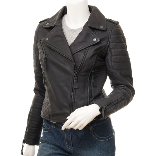 WOMEN'S MATTE BLACK LEATHER BIKER JACKET: GRETNA