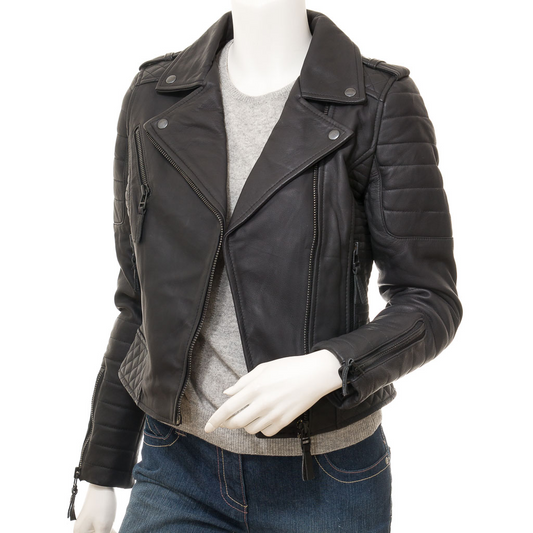 WOMEN'S MATTE BLACK LEATHER BIKER JACKET: GRETNA