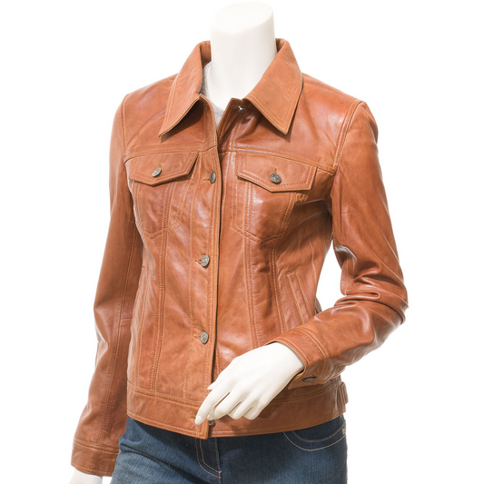 WOMEN'S TAN LEATHER TRUCKER JACKET: HAVANA