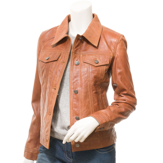 WOMEN'S TAN LEATHER TRUCKER JACKET: HAVANA