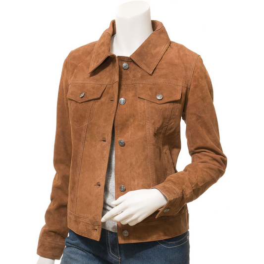 WOMEN'S TAN SUEDE TRUCKER JACKET: HAVANA