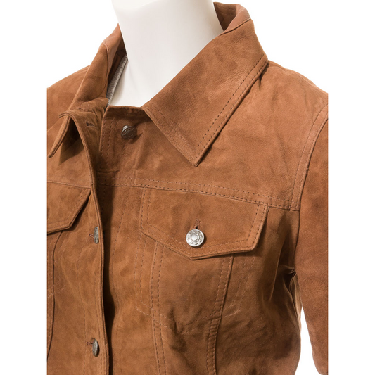 WOMEN'S TAN SUEDE TRUCKER JACKET: HAVANA