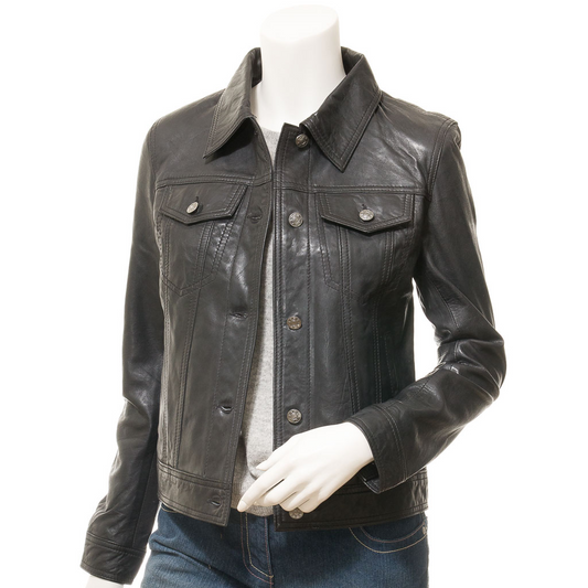 WOMEN'S BLACK LEATHER TRUCKER JACKET: HAVANA