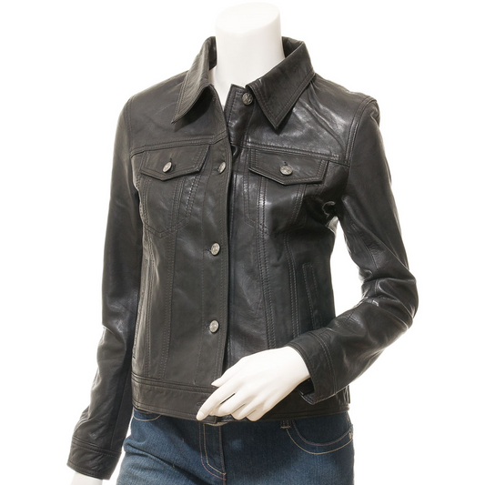 WOMEN'S BLACK LEATHER TRUCKER JACKET: HAVANA