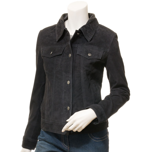 WOMEN'S BLACK SUEDE TRUCKER JACKET: HAVANA