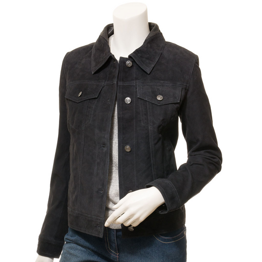 WOMEN'S BLACK SUEDE TRUCKER JACKET: HAVANA