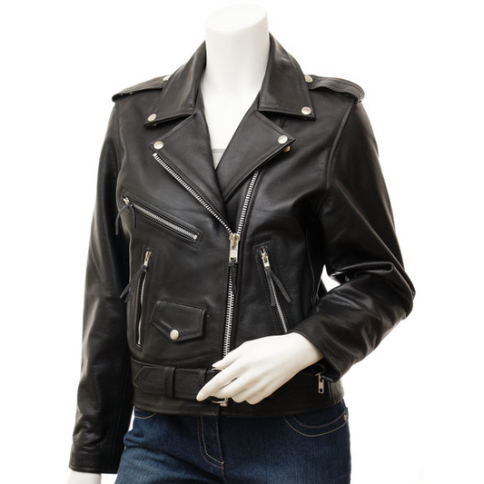 WOMEN'S BLACK LEATHER BIKER JACKET: JENNINGS