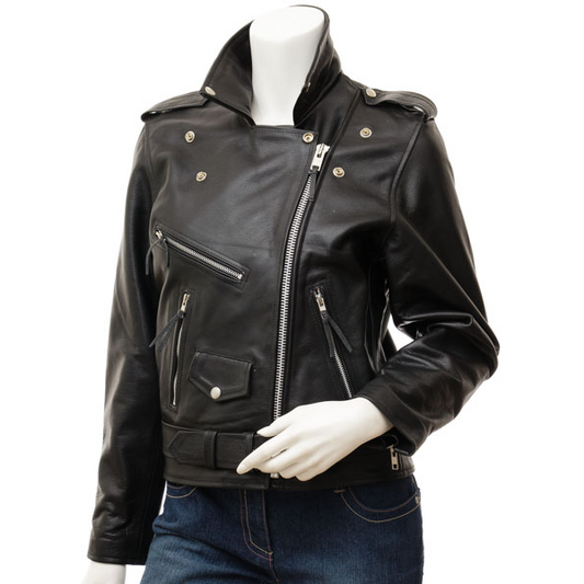 WOMEN'S BLACK LEATHER BIKER JACKET: JENNINGS