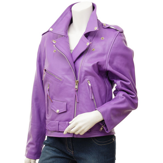 WOMEN'S PURPLE LEATHER BIKER JACKET: JENNINGS