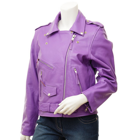 WOMEN'S PURPLE LEATHER BIKER JACKET: JENNINGS