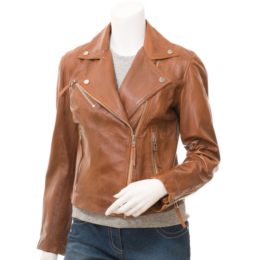 WOMEN'S TAN LEATHER BIKER JACKET: INGLIS