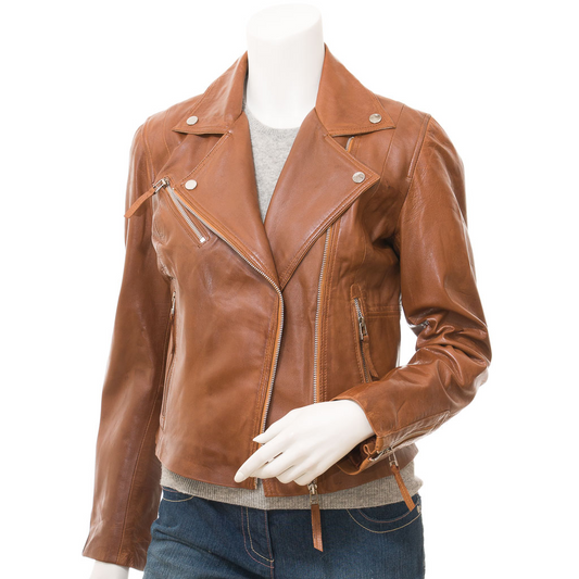 WOMEN'S TAN LEATHER BIKER JACKET: INGLIS